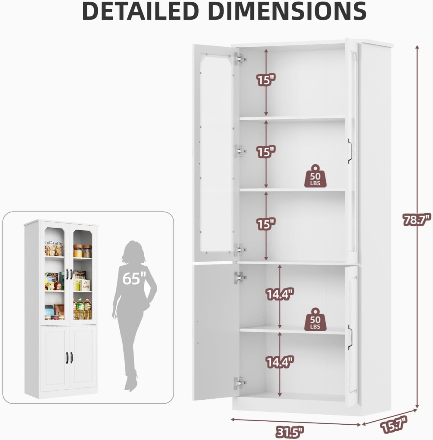 White Tall Glass Door Pantry Display Cabinet