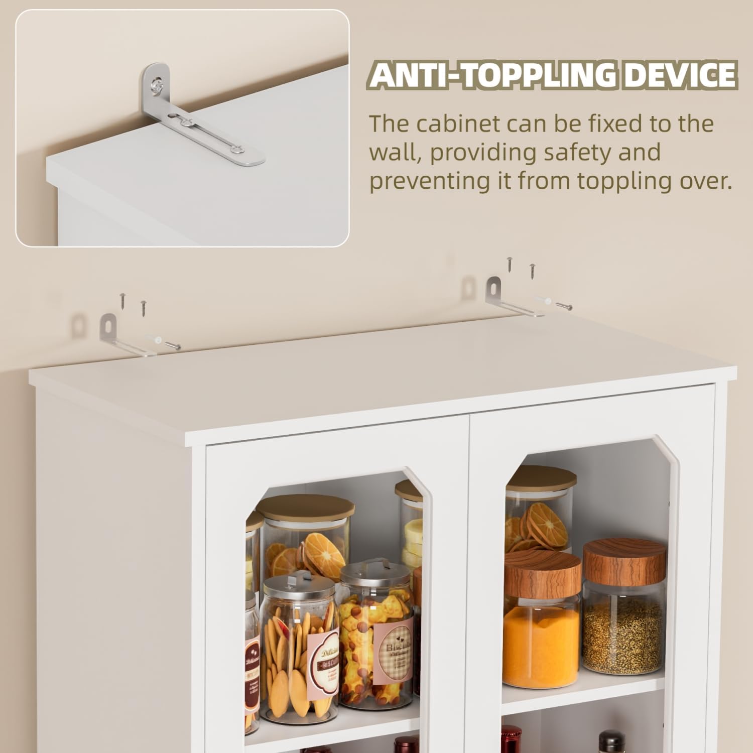 White Tall Glass Door Pantry Display Cabinet
