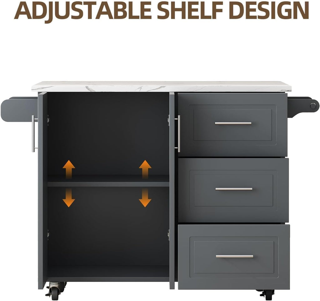 Gray Rolling Marble Kitchen Island with Drop Leaf