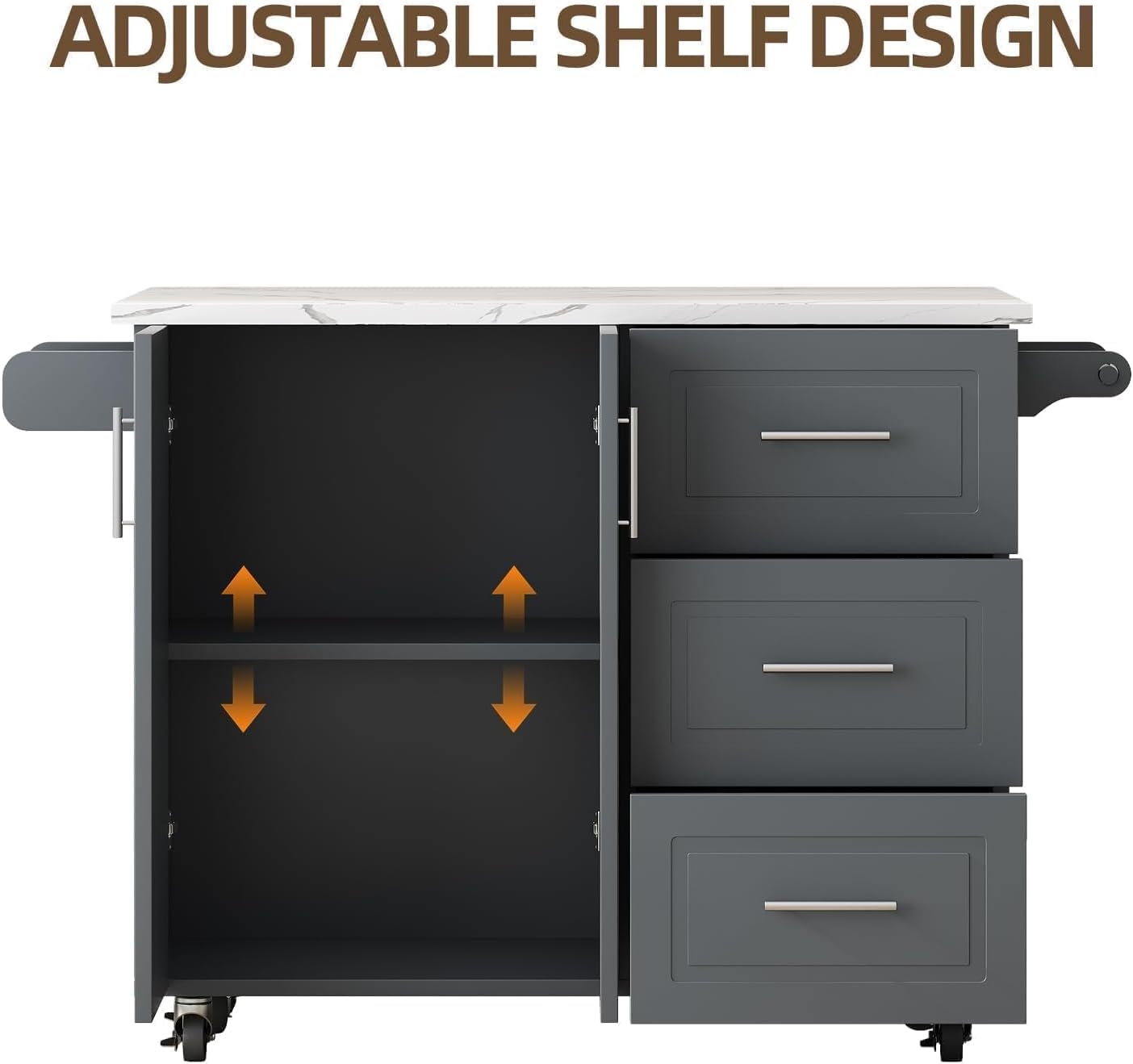 Gray Rolling Marble Kitchen Island with Drop Leaf
