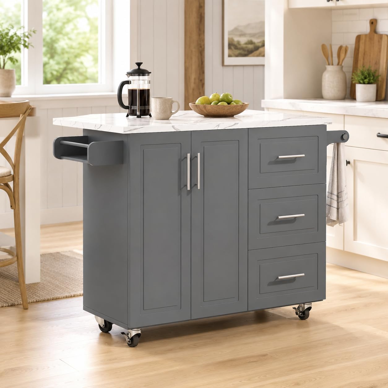 Gray Rolling Marble Kitchen Island with Drop Leaf