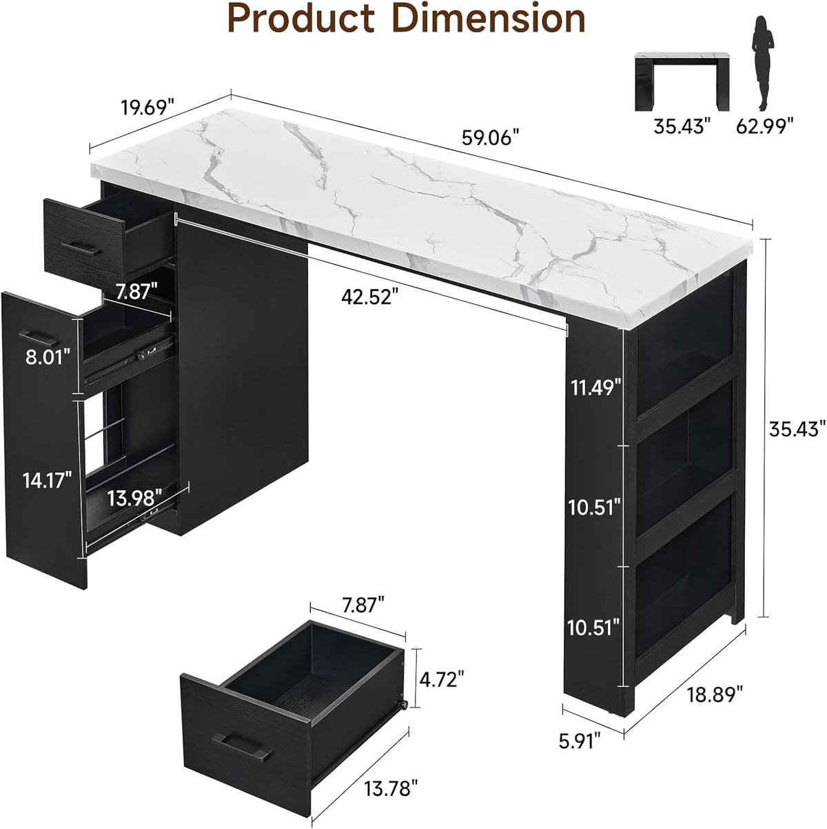 Marble Top Storage Kitchen Island Table 59 Inch