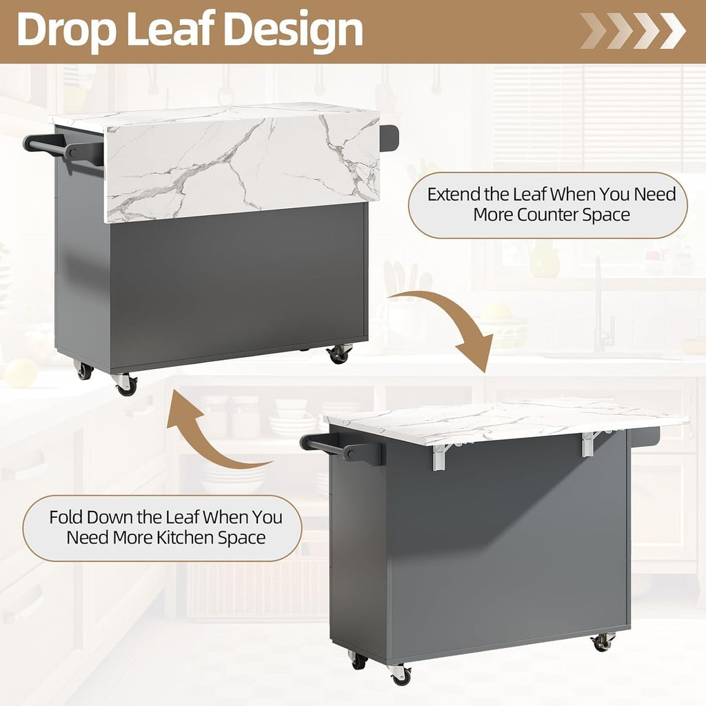 Gray Rolling Marble Kitchen Island with Drop Leaf