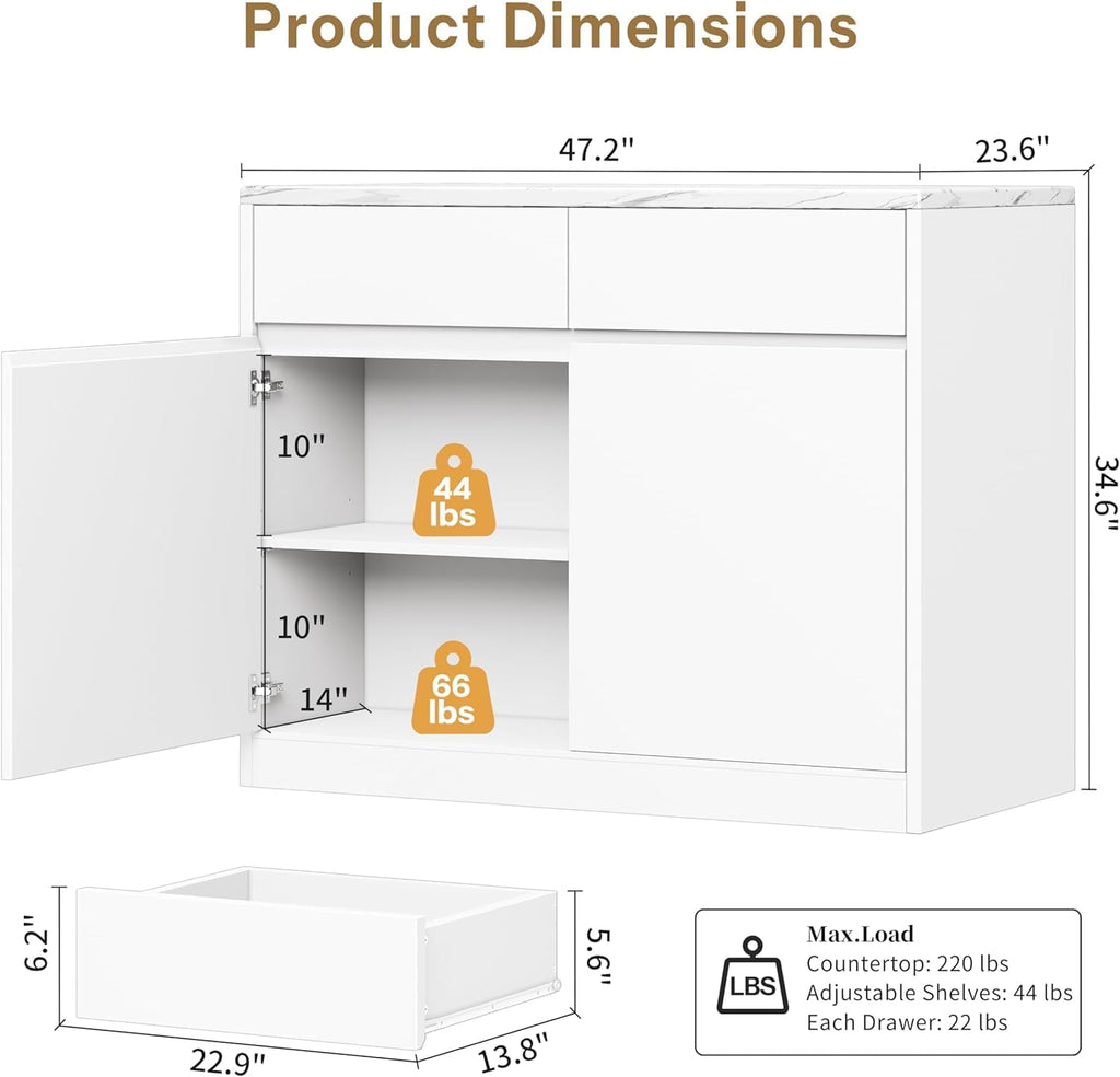 White Faux Marble Storage Kitchen Island 47.2 Inch