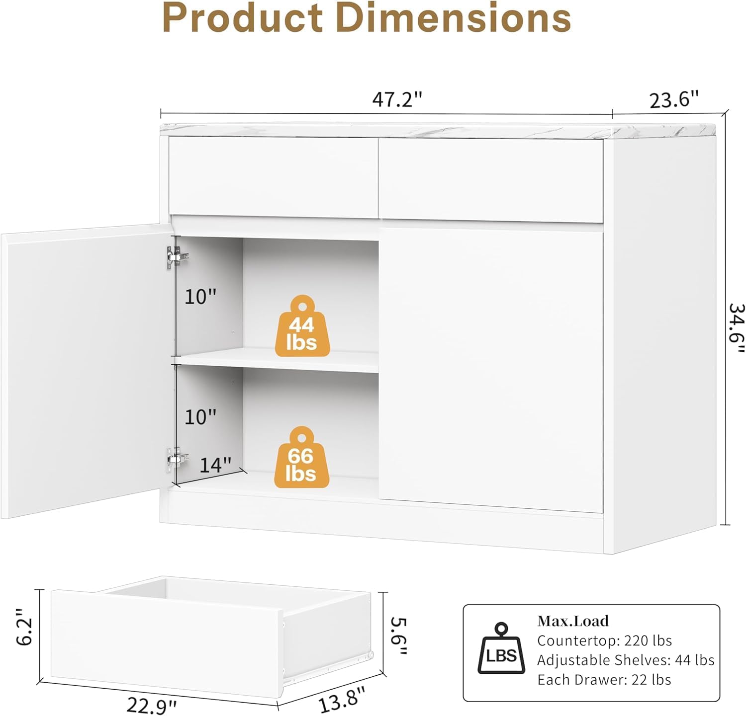 White Faux Marble Storage Kitchen Island 47.2 Inch