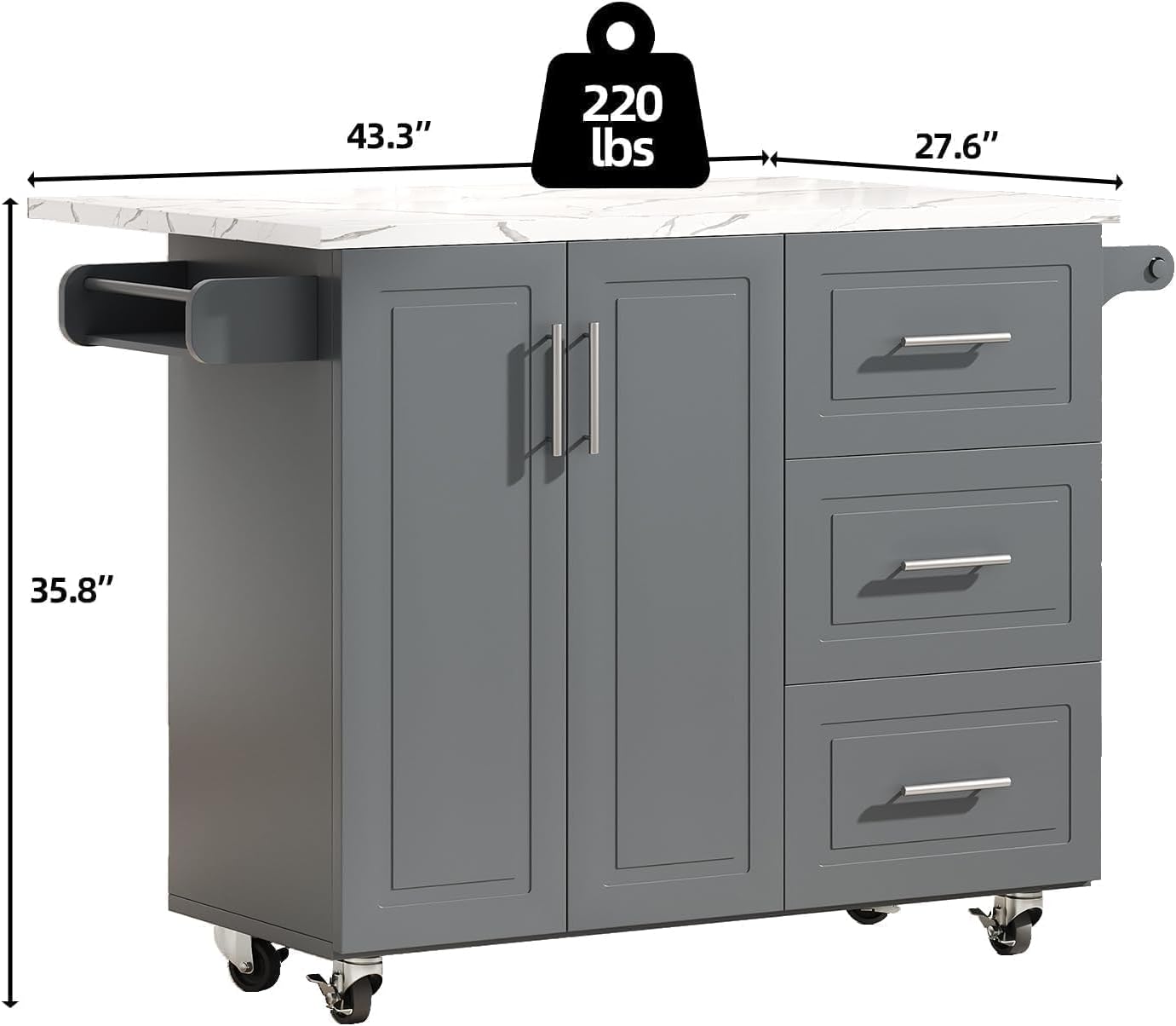 Gray Rolling Marble Kitchen Island with Drop Leaf