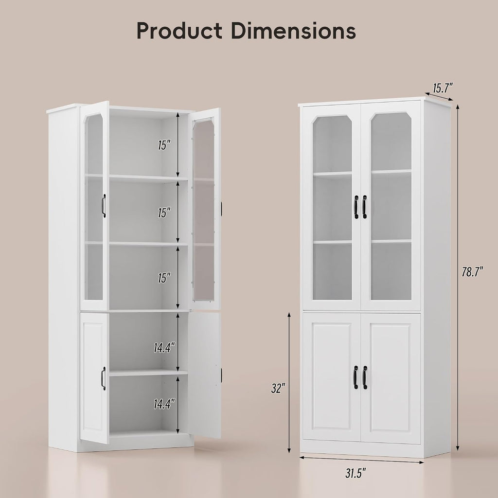 White Tall Glass Door Kitchen Pantry Cabinet