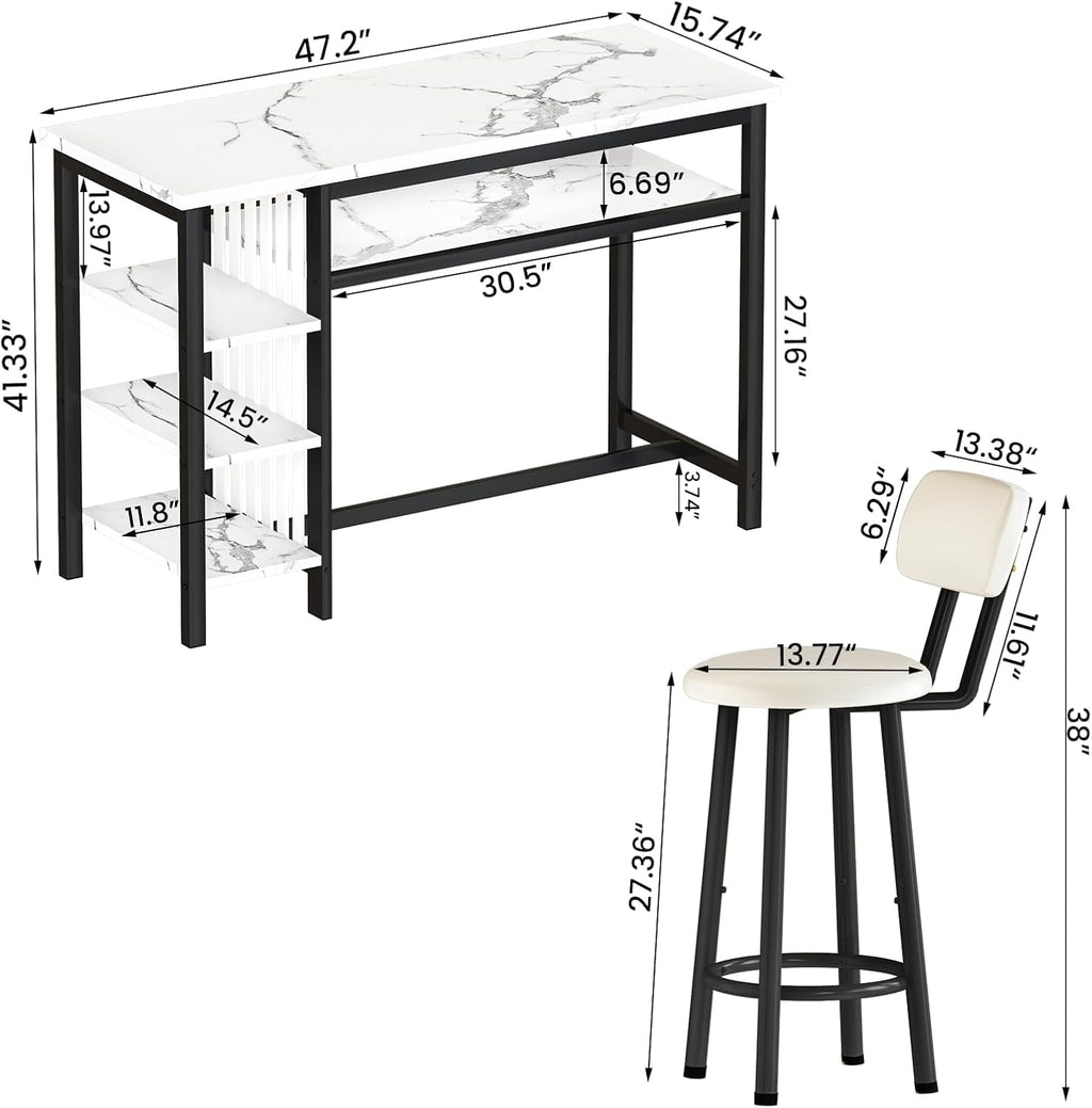 White Faux Marble Bar Table Set with 2 Stools Black Frame