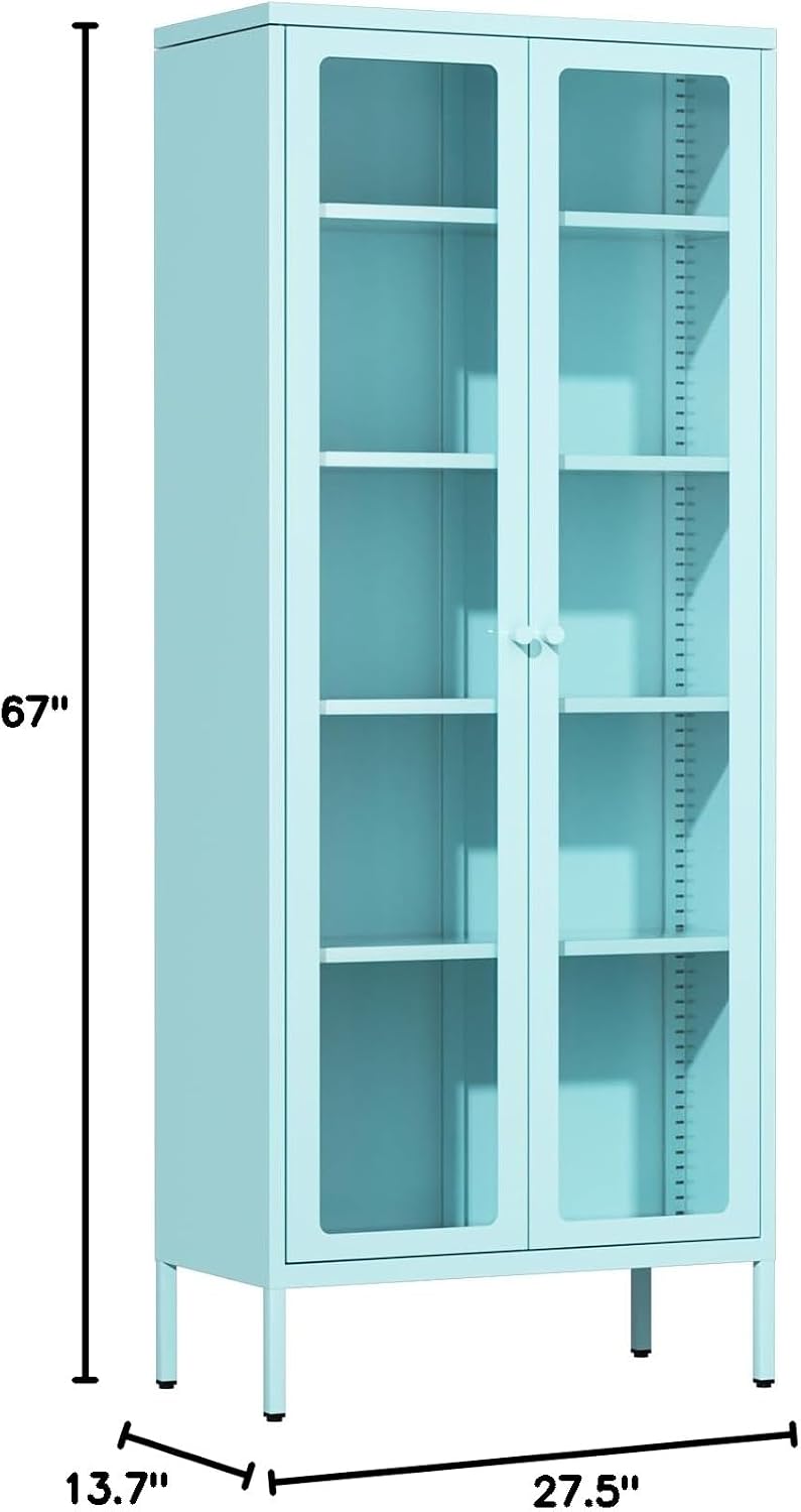 Blue Metal Glass Display Cabinet 67"