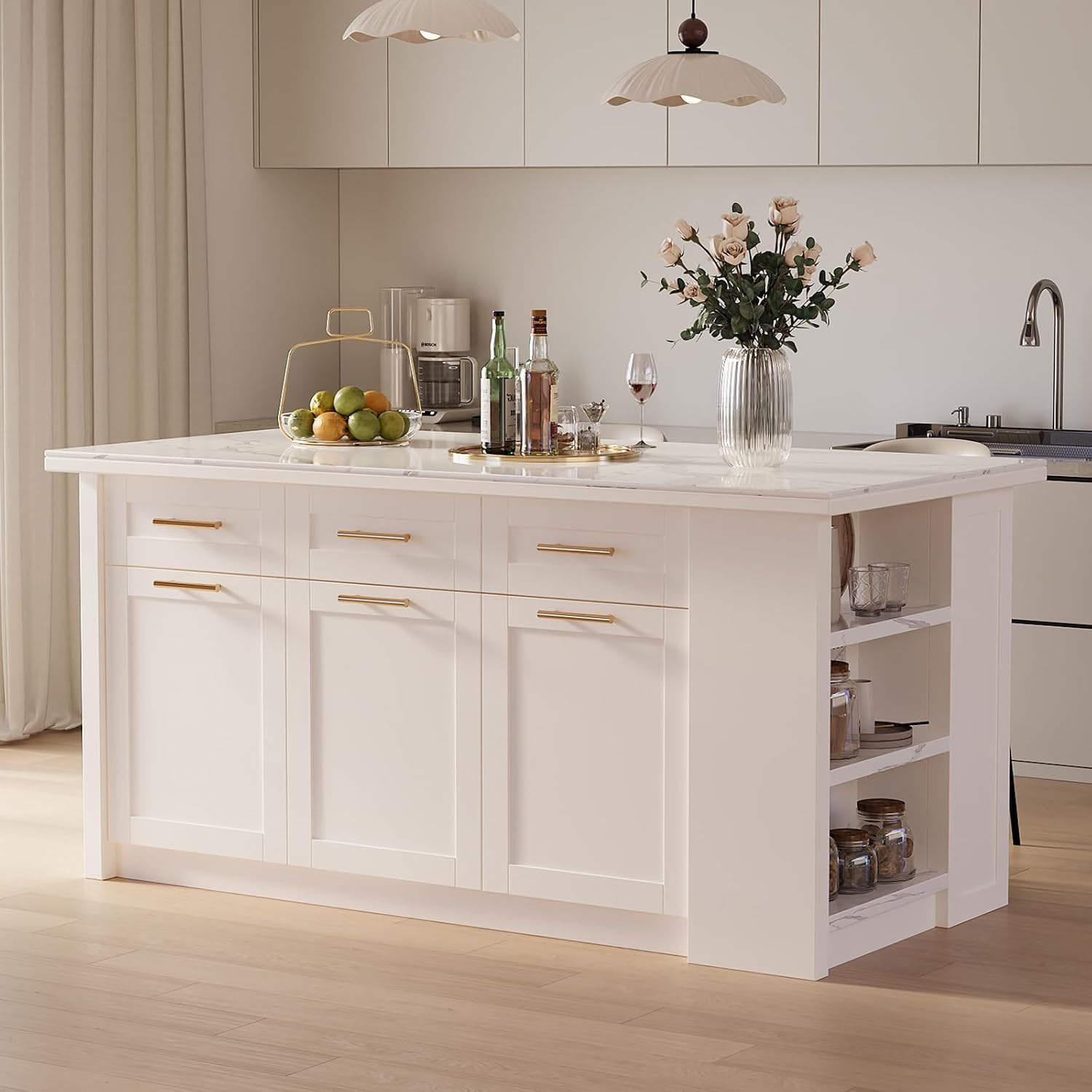 White Marble Effect Storage Kitchen Island 72 Inch