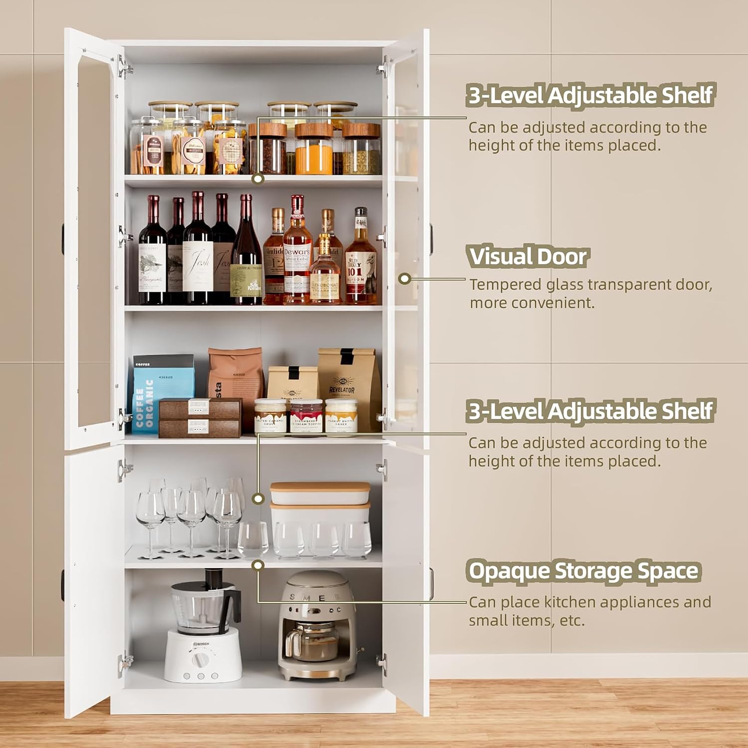 White Tall Glass Door Pantry Display Cabinet