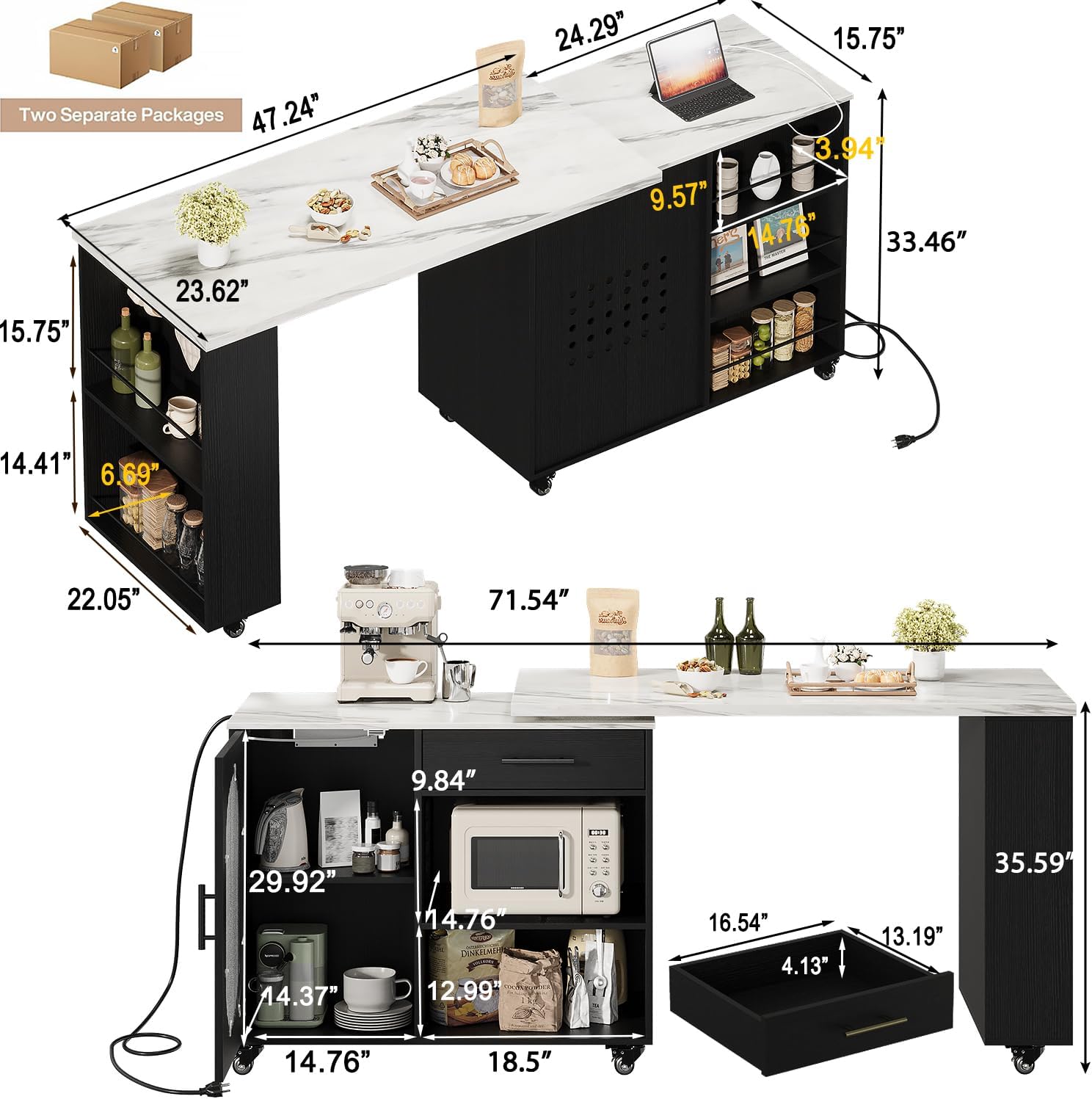 Marble Rolling Kitchen Island with Swivel Table