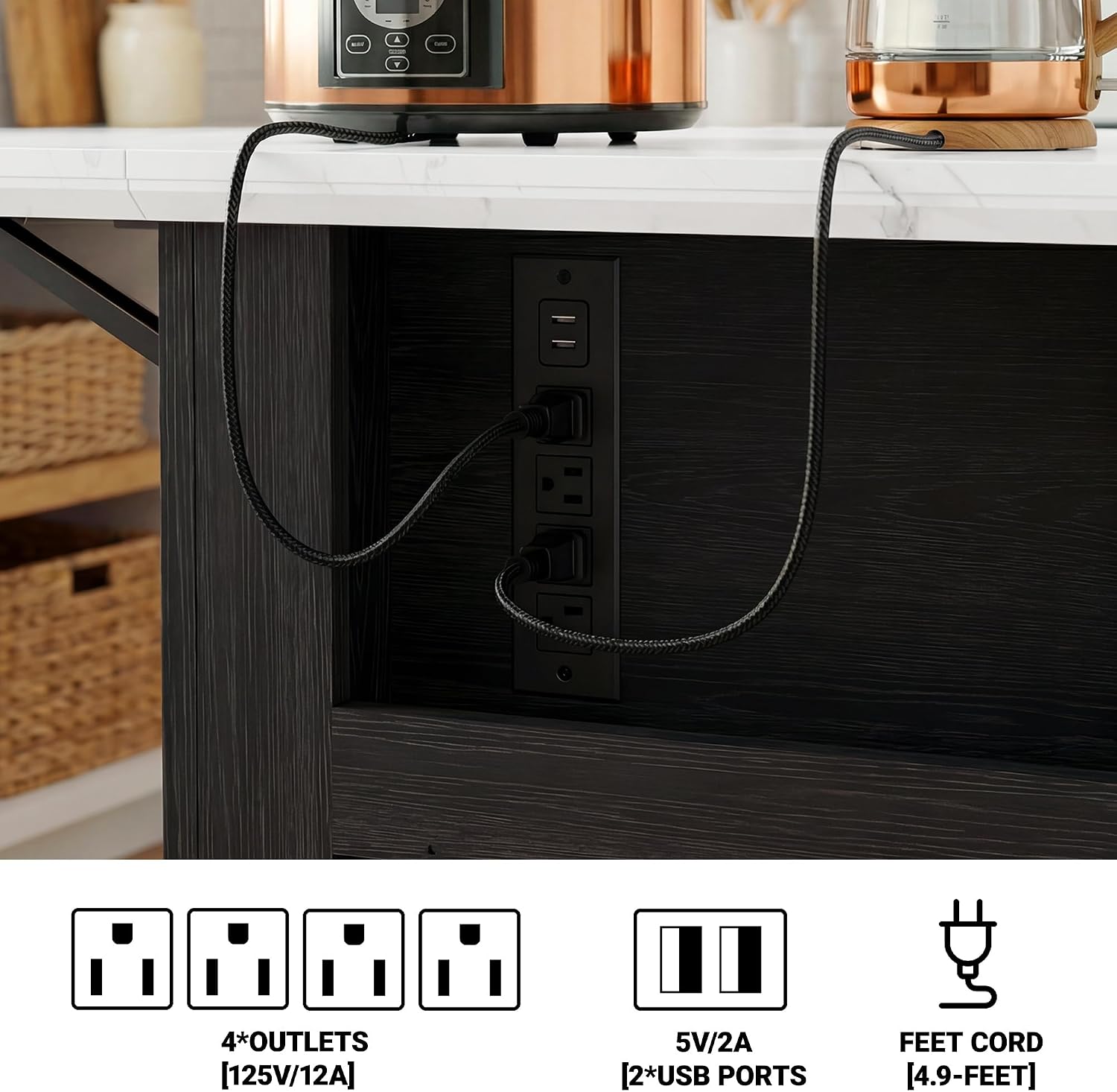 Black Kitchen Island with Folding Marble Top & Power Outlet