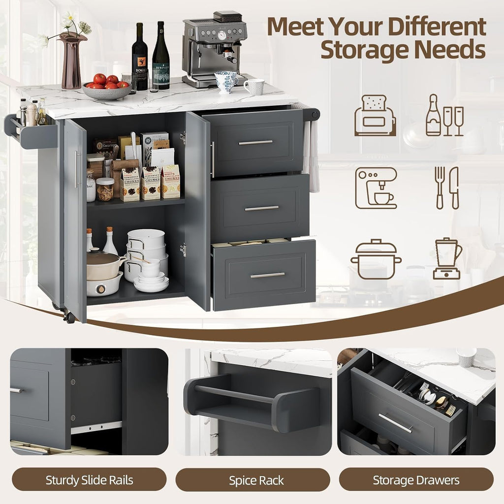 Gray Rolling Marble Kitchen Island with Drop Leaf