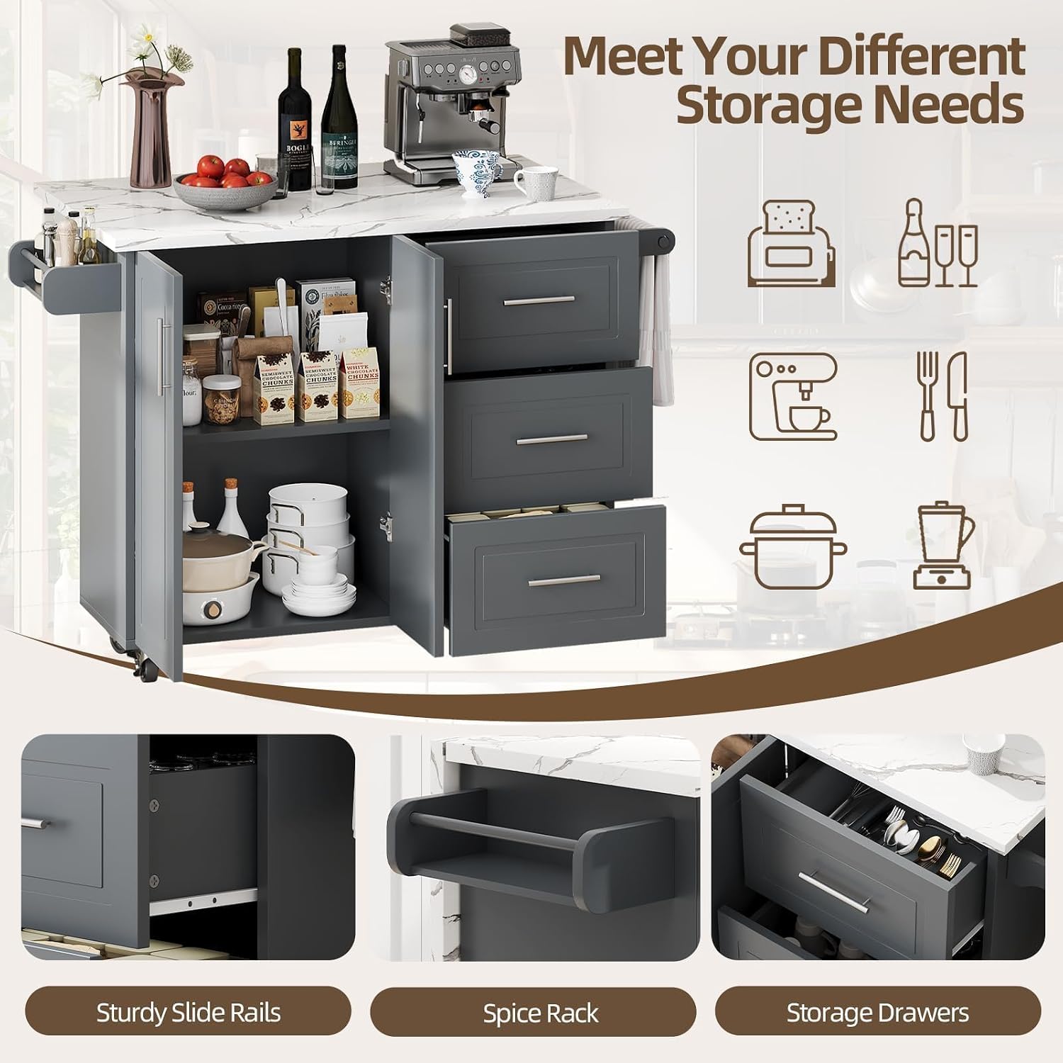 Gray Rolling Marble Kitchen Island with Drop Leaf