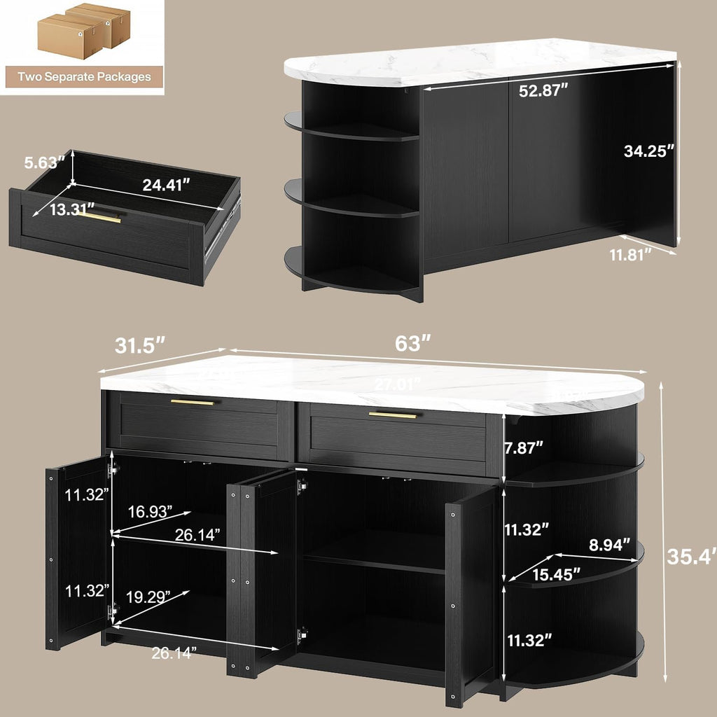 White Faux Marble Kitchen Island with Storage & Seating 63 Inch