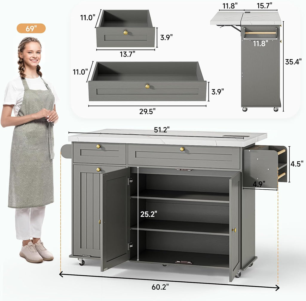 Grey Marble Rolling Kitchen Island with Power Outlet & Drop Leaf