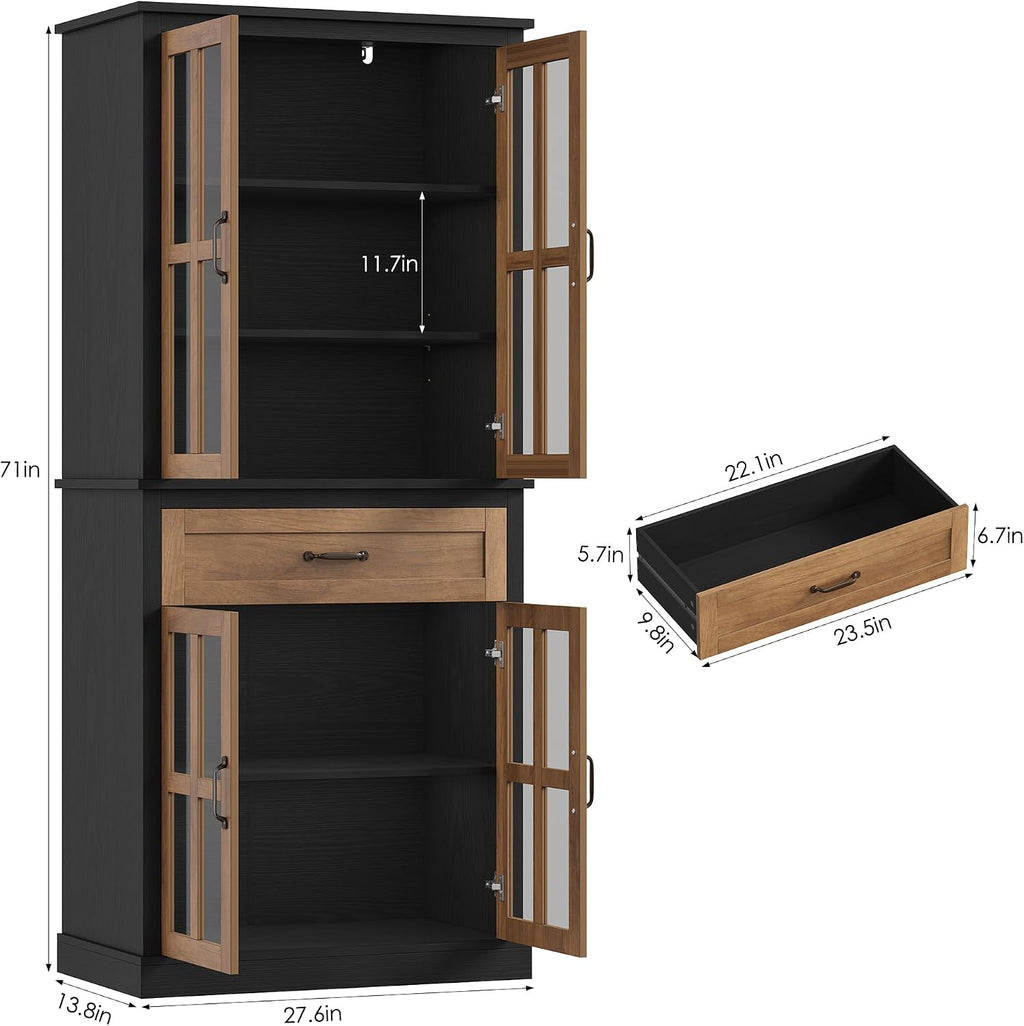 Natural Glass Door Tall Kitchen Pantry Cabinet