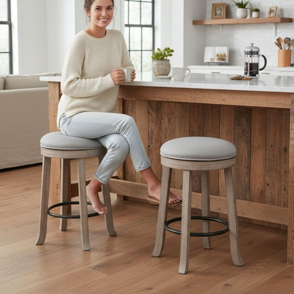 Grey Linen Swivel Counter Stools Set of 2