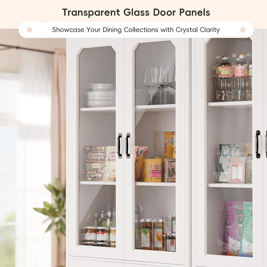 White Tall Glass Door Kitchen Pantry Cabinet