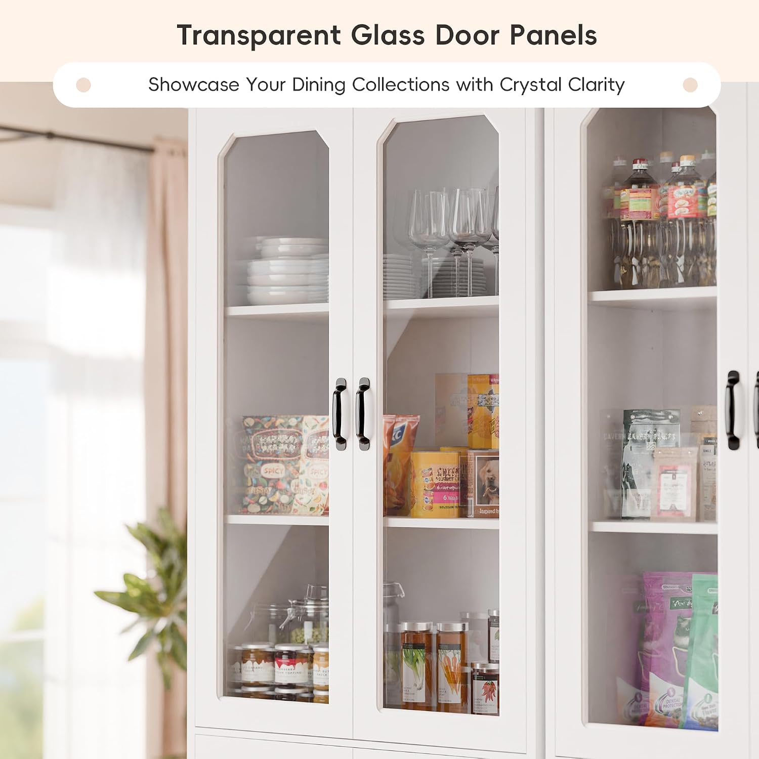 White Tall Glass Door Kitchen Pantry Cabinet