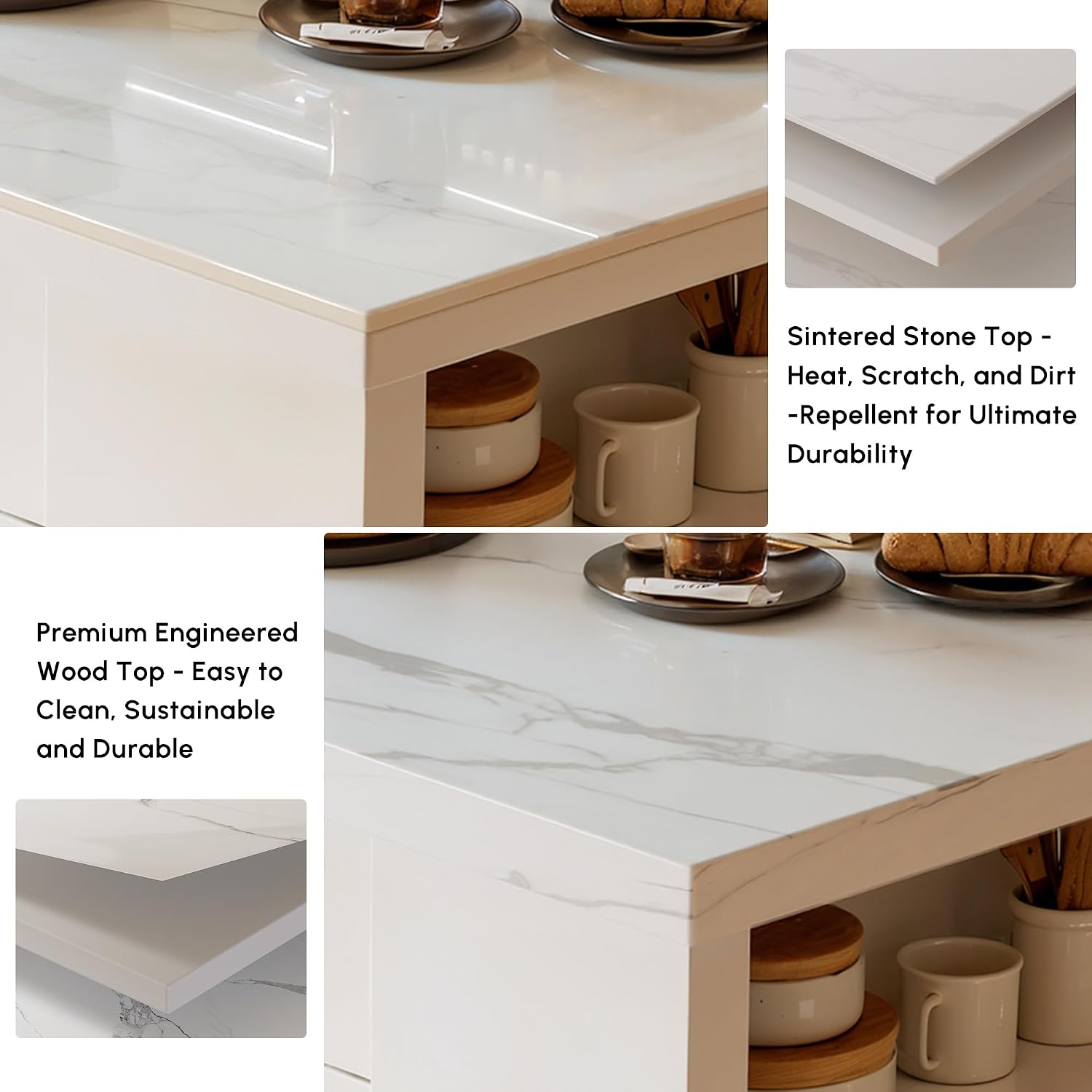 White Marble Effect Storage Kitchen Island 72 Inch