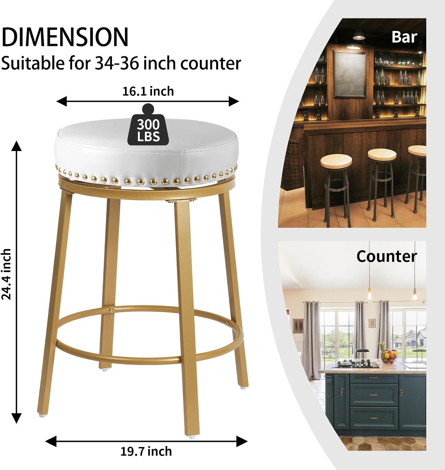 White Gold Faux Leather Swivel Counter Stools Set of 2