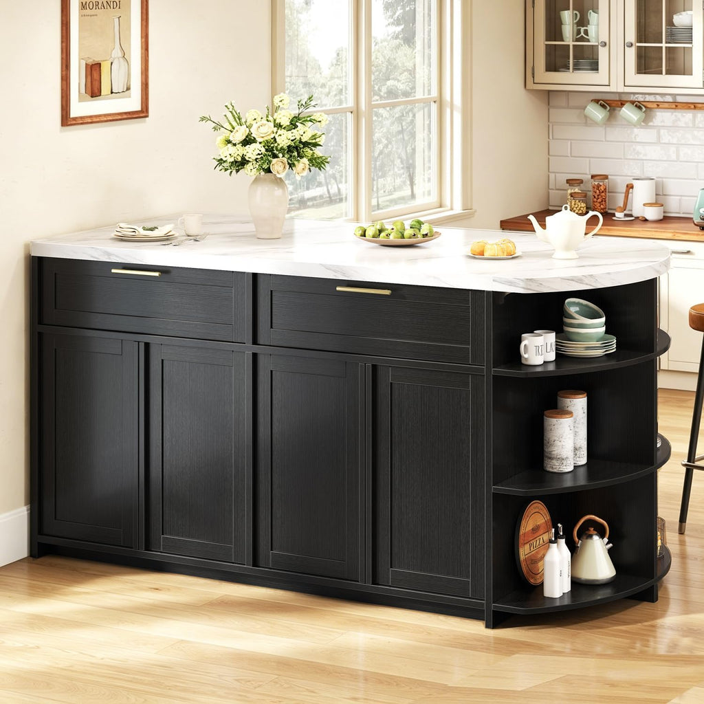 White Faux Marble Kitchen Island with Storage & Seating 63 Inch