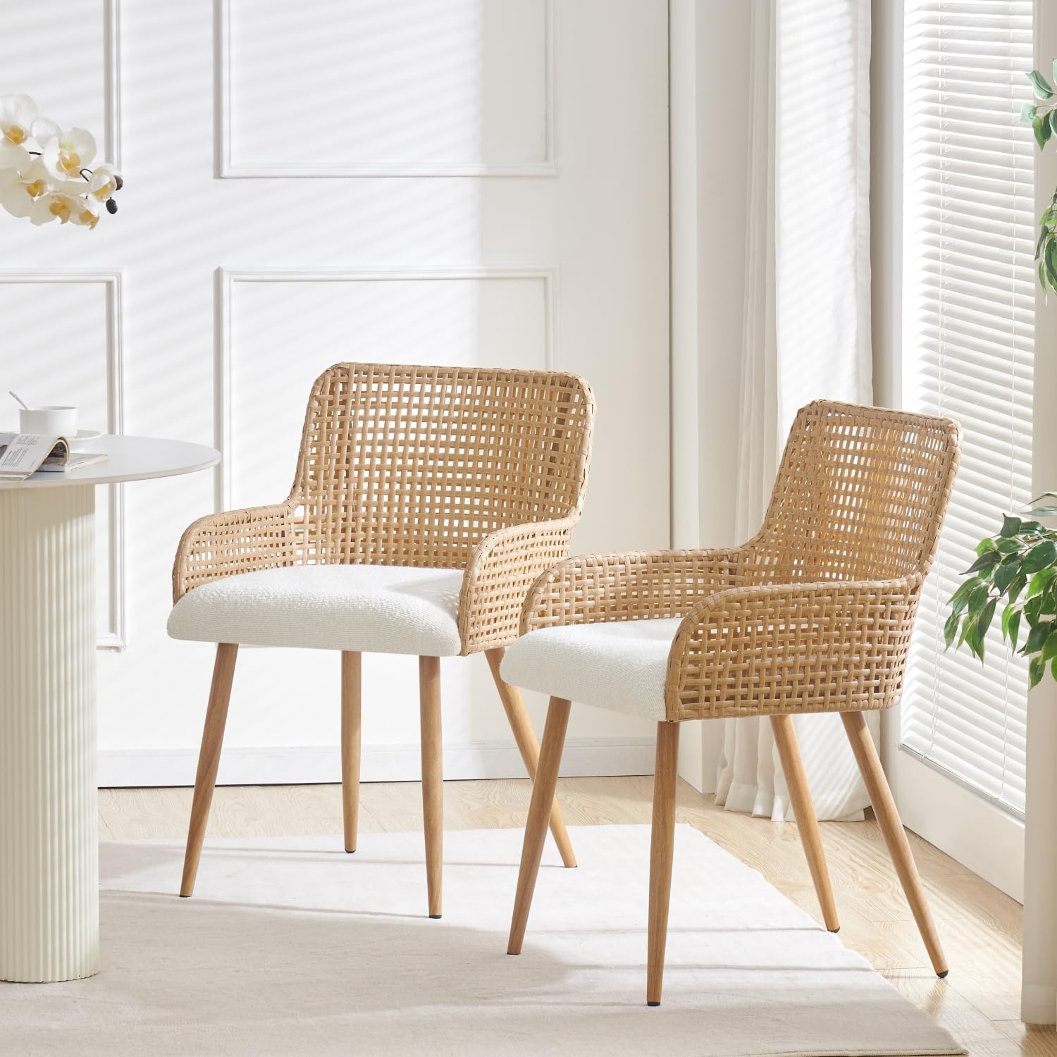 Brown Boucle Rattan Dining Armchairs Set of 2