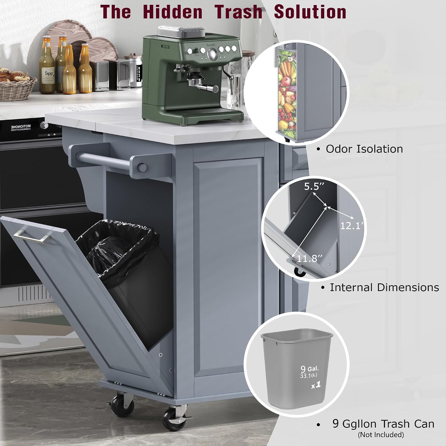 Marble Top Rolling Kitchen Island with Drop Leaf Storage