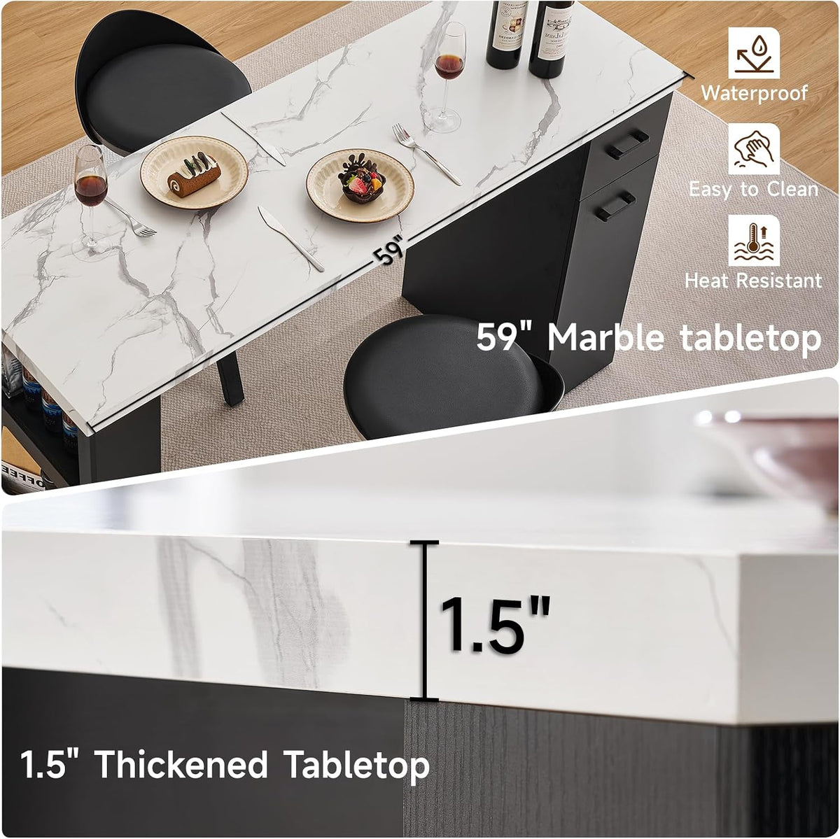 Marble Top Storage Kitchen Island Table 59 Inch