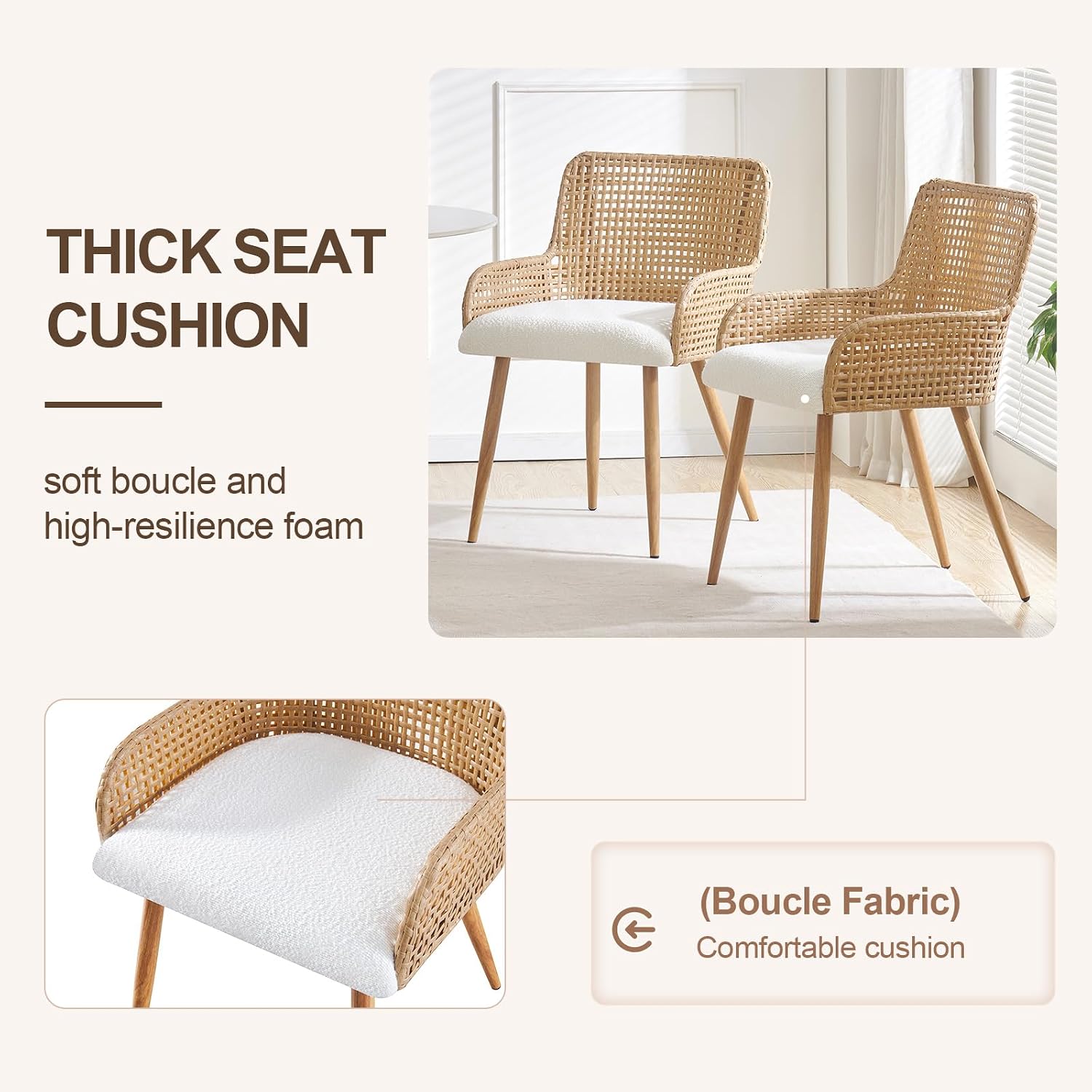Brown Rattan Upholstered Dining Chairs Set of 4