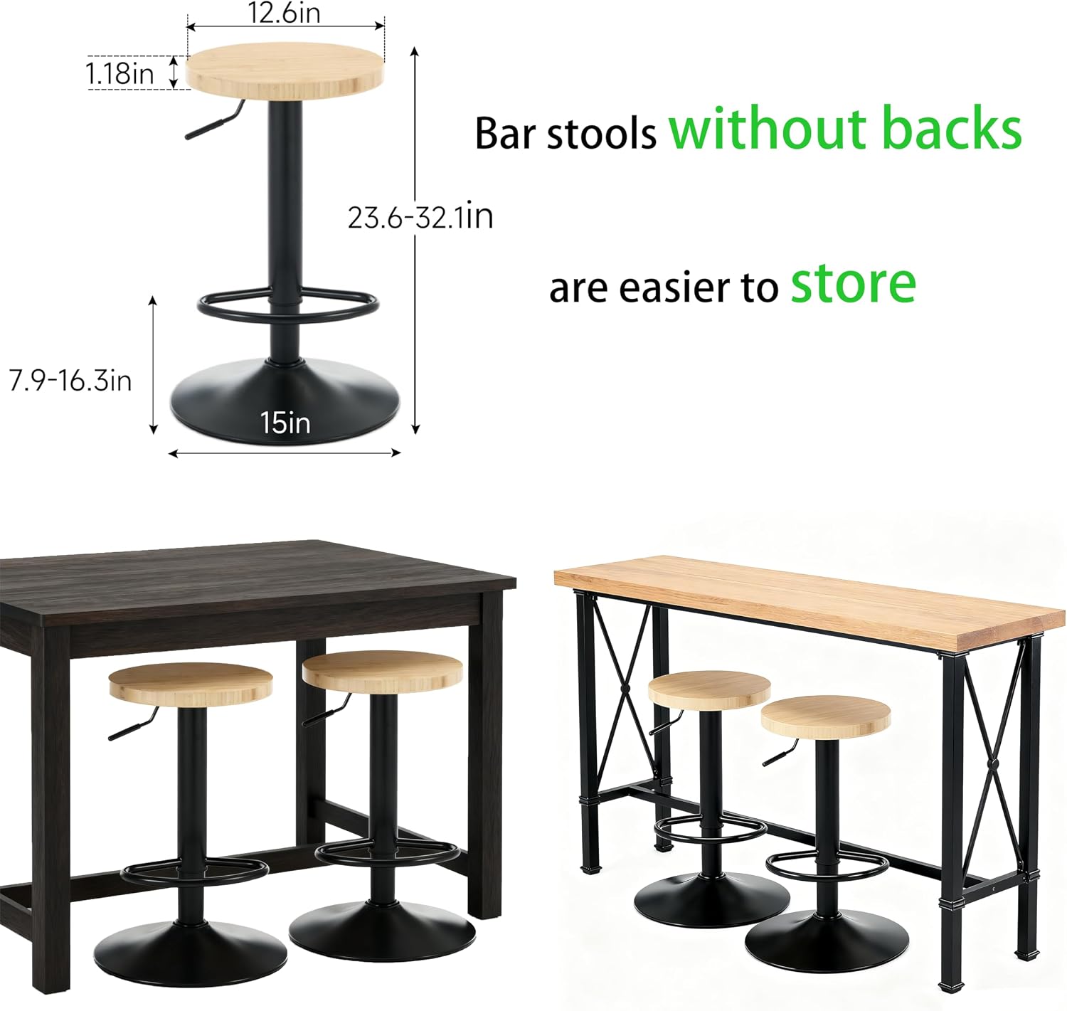 Adjustable Swivel Bamboo Bar Stools Set of 2