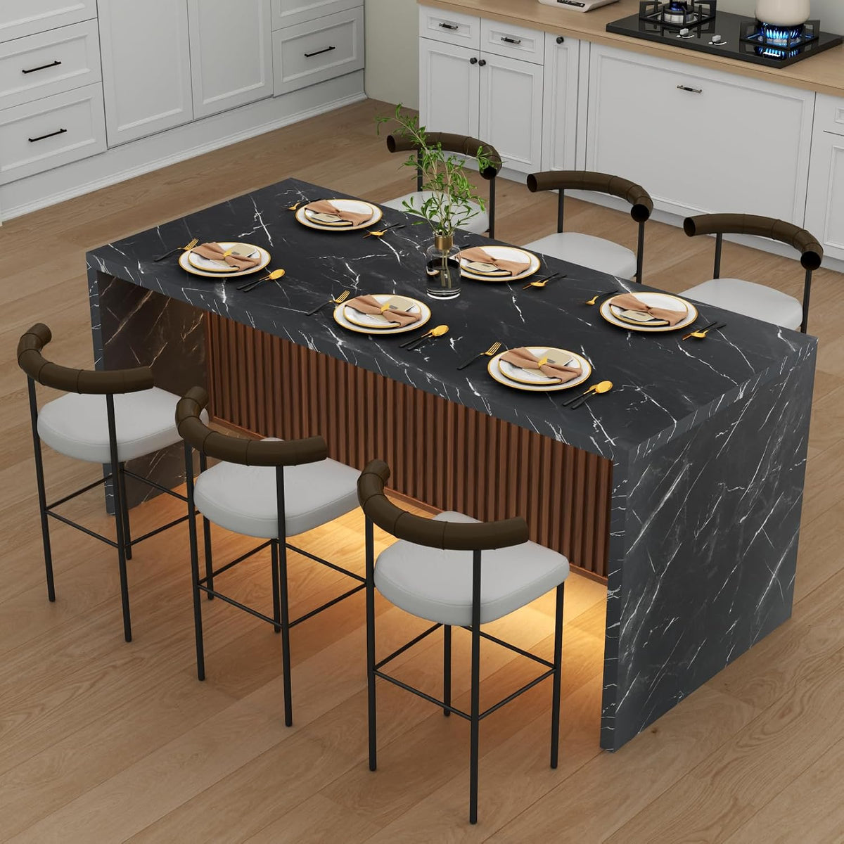 Black LED Marble Pattern Dining Table 71 Inch