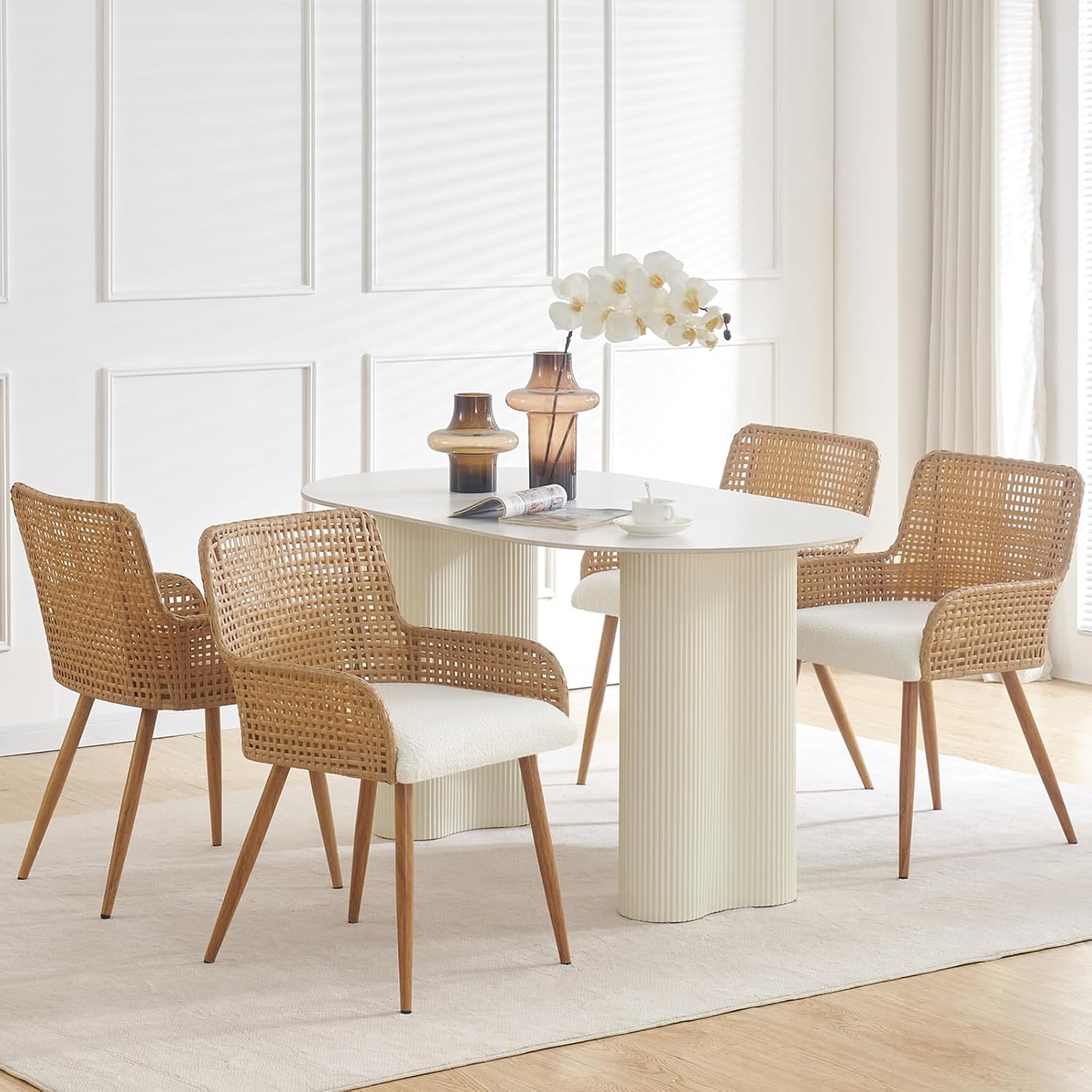 Brown Rattan Upholstered Dining Chairs Set of 4