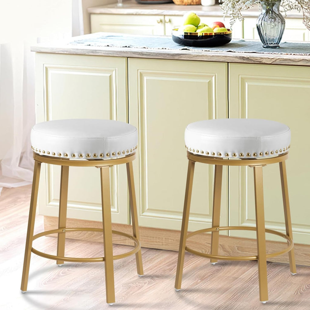 White Gold Faux Leather Swivel Counter Stools Set of 2