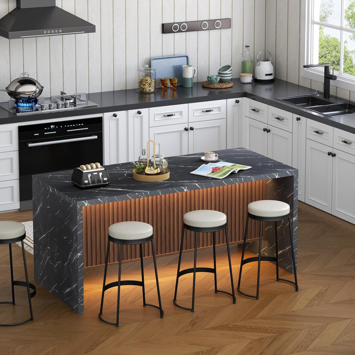 Black LED Marble Pattern Dining Table 71 Inch