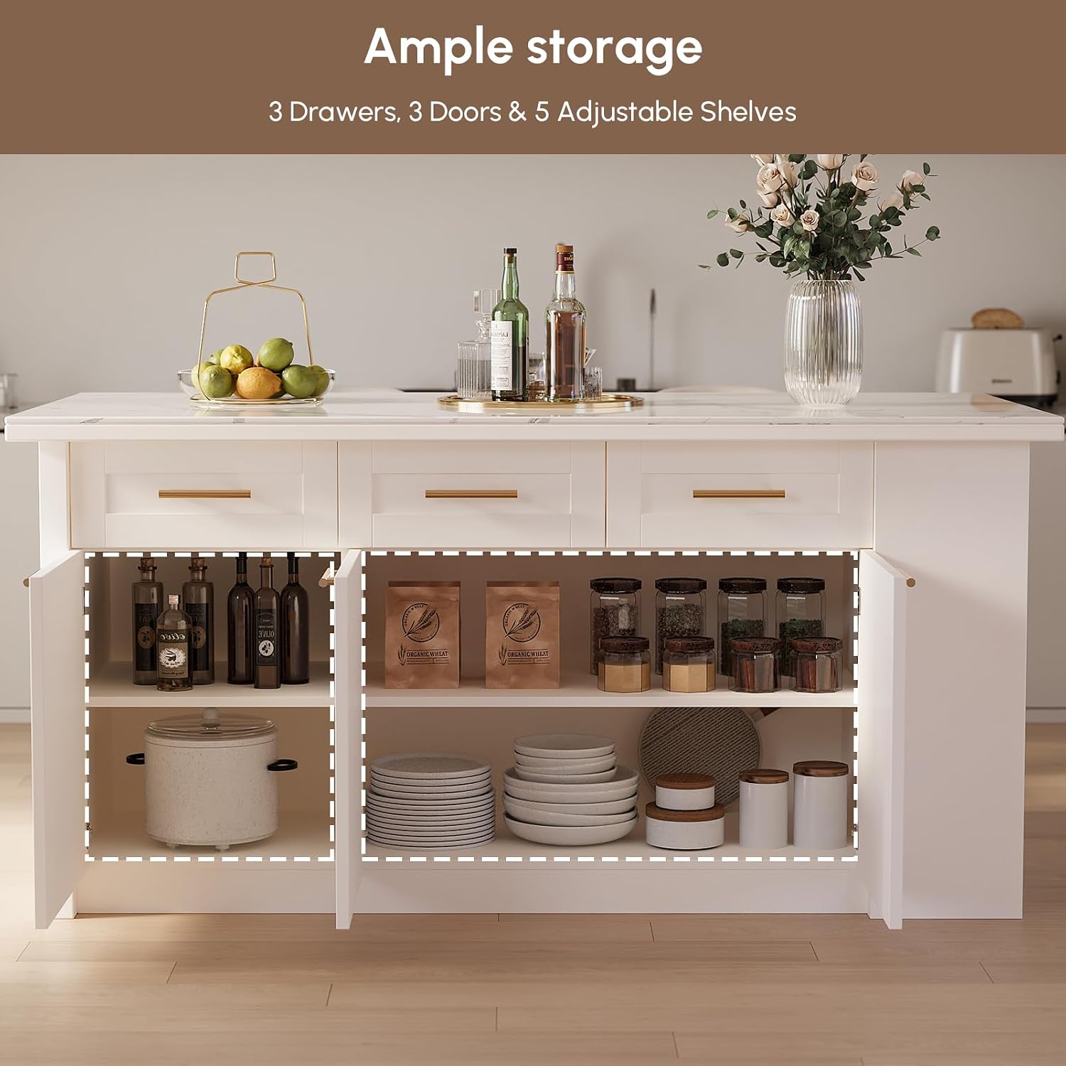 White Marble Effect Storage Kitchen Island 72 Inch