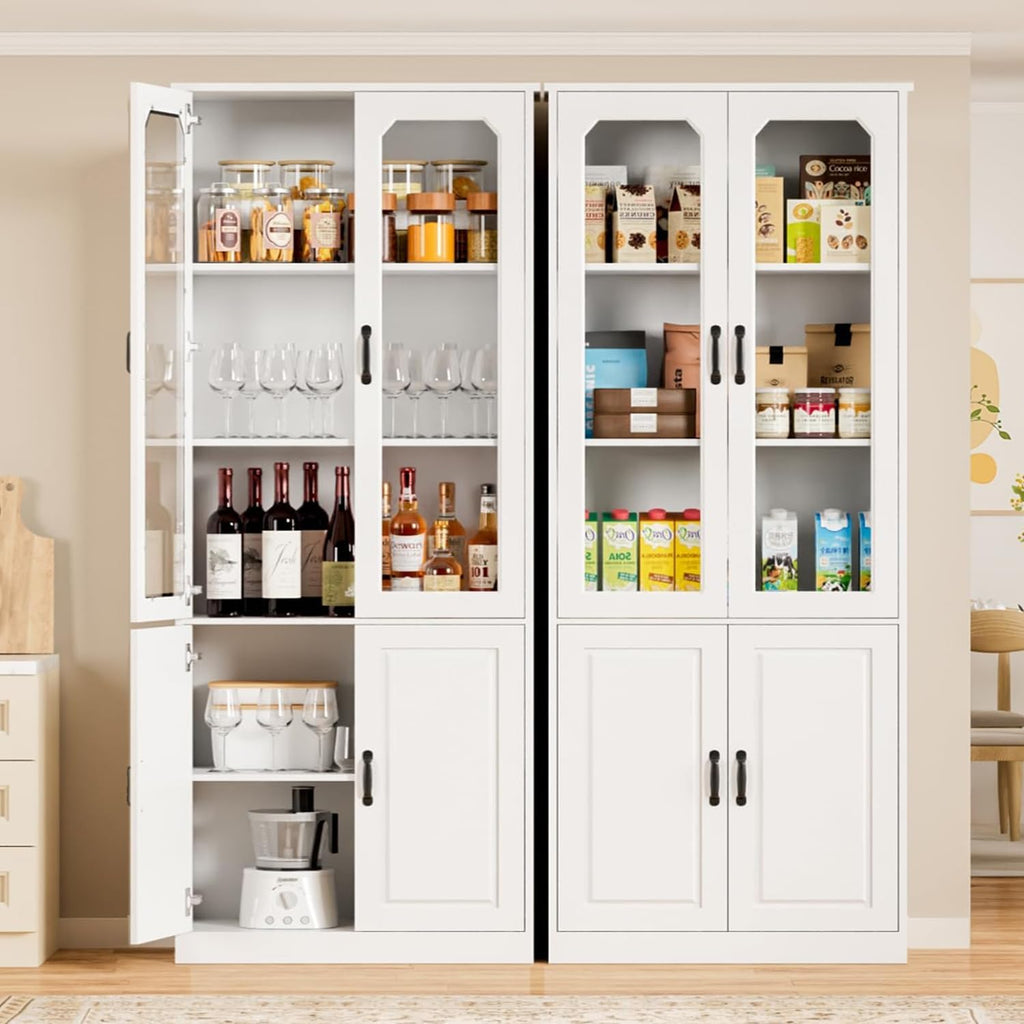 White Tall Glass Door Pantry Display Cabinet