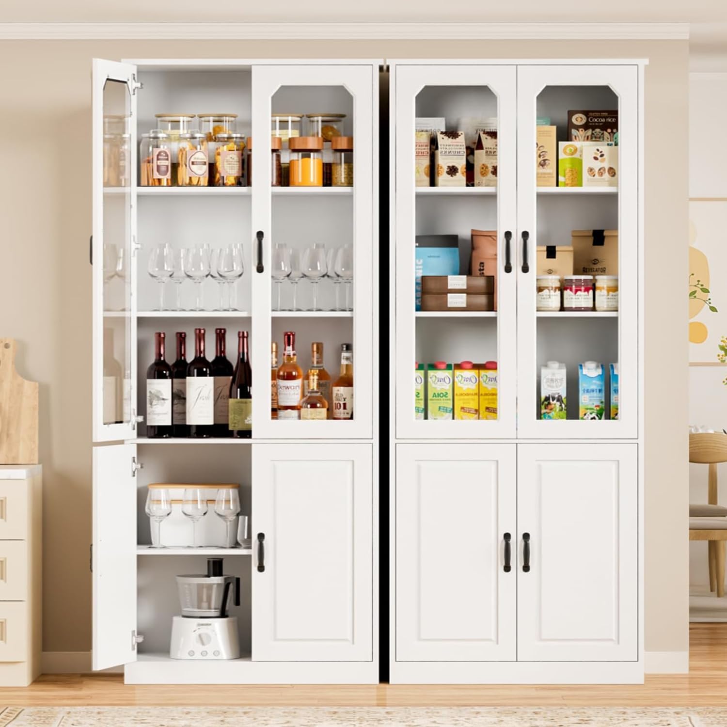 White Tall Glass Door Pantry Display Cabinet