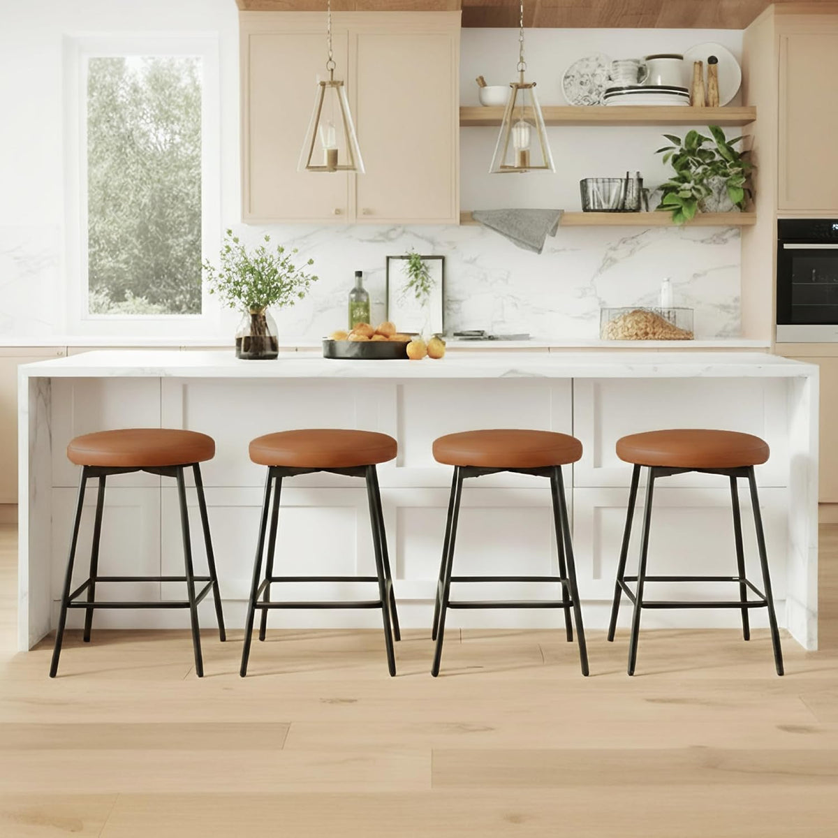 Brown Faux Leather Swivel Counter Stools Set of 4