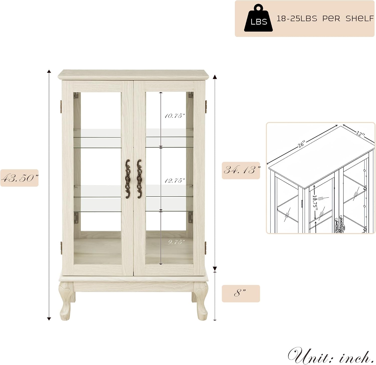Antique White Lighted Glass Display Cabinet