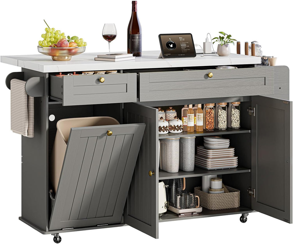Grey Marble Rolling Kitchen Island with Power Outlet & Drop Leaf