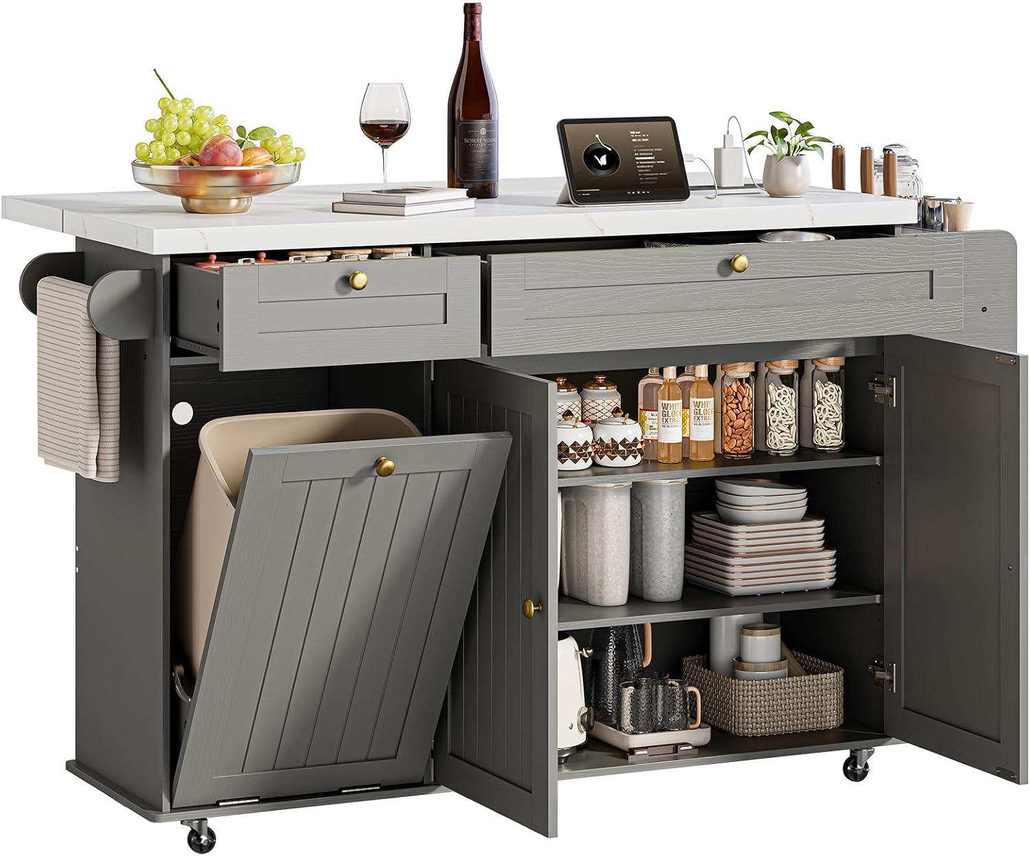 Grey Marble Rolling Kitchen Island with Power Outlet & Drop Leaf