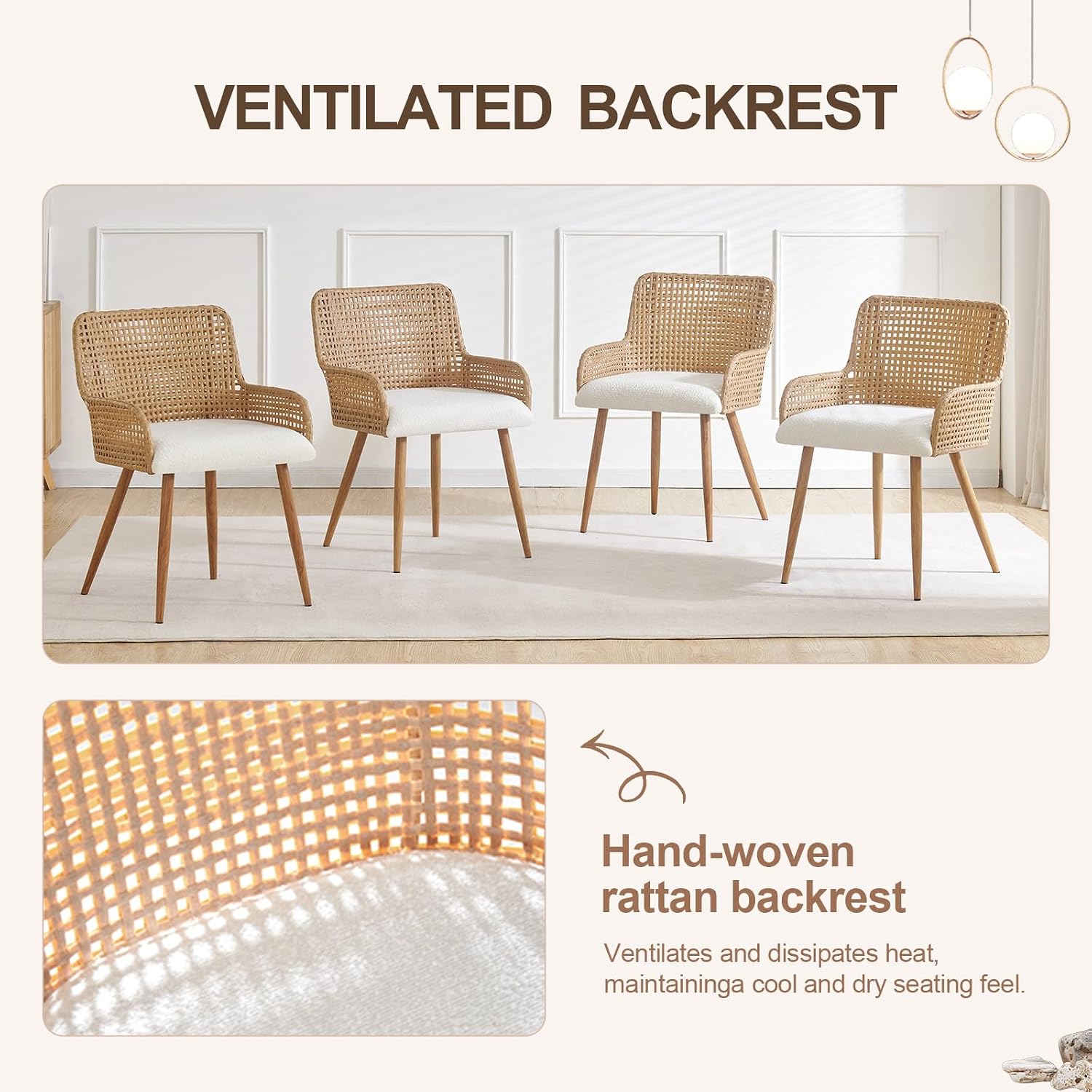 Brown Boucle Rattan Dining Armchairs Set of 2