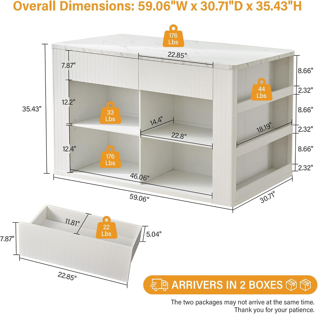 White Faux Marble Kitchen Island with Storage Seating 59 Inch