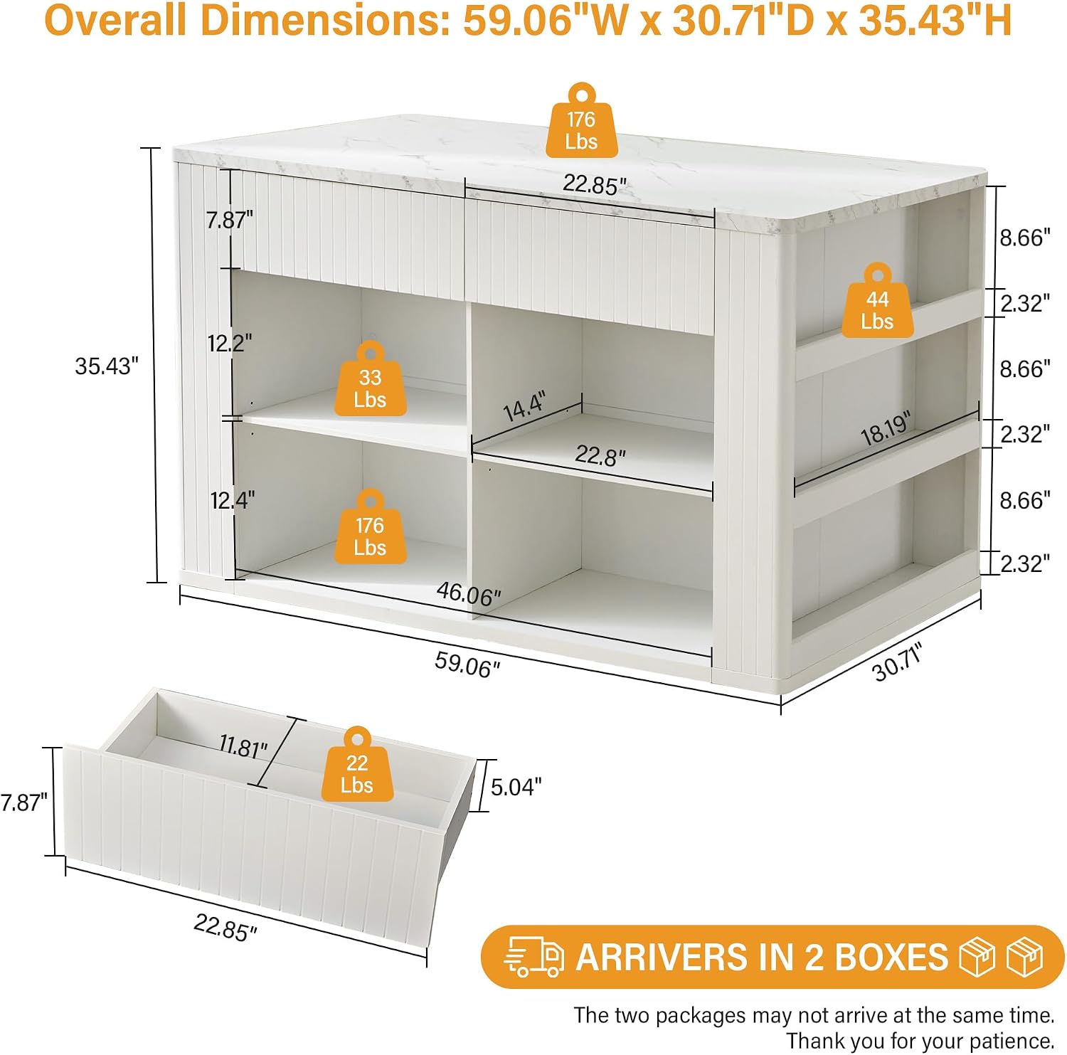 White Faux Marble Kitchen Island with Storage Seating 59 Inch