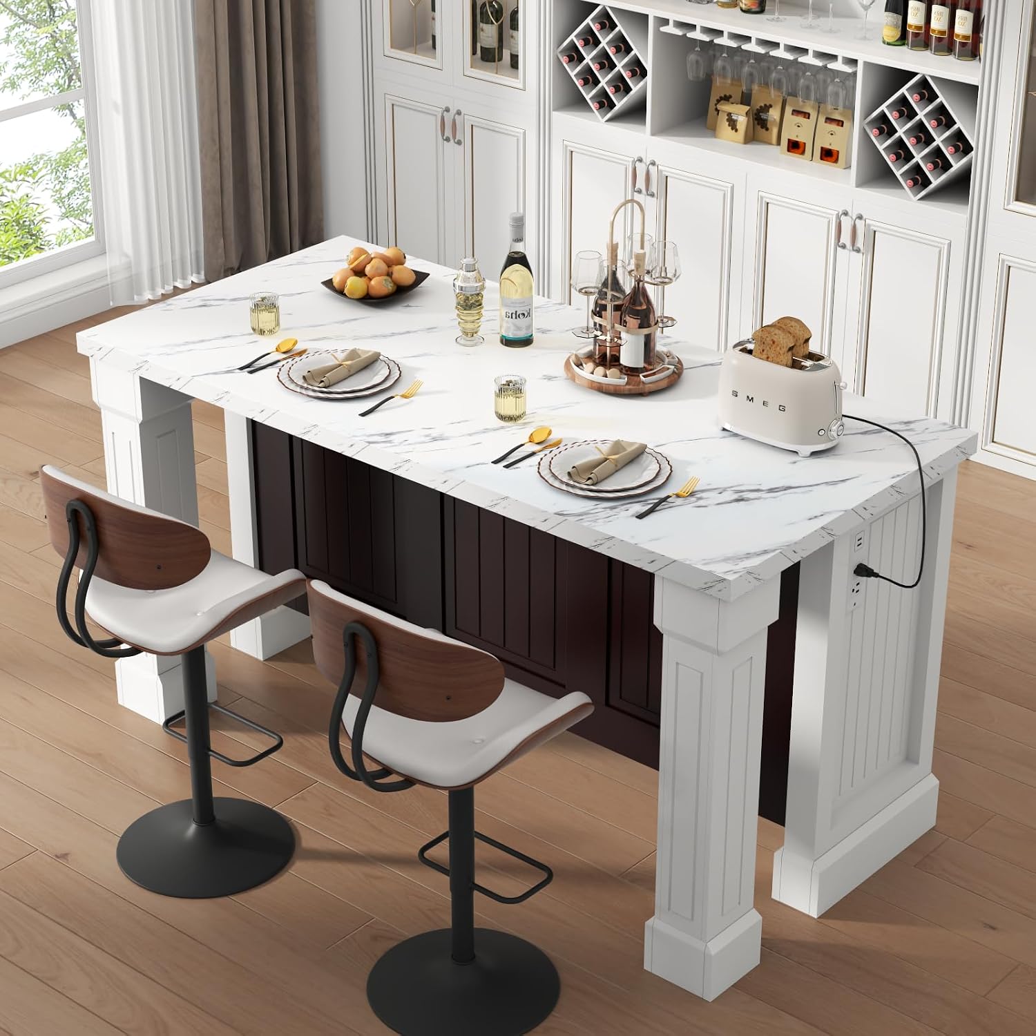 Roman Column Marble Kitchen Island With Charging Station