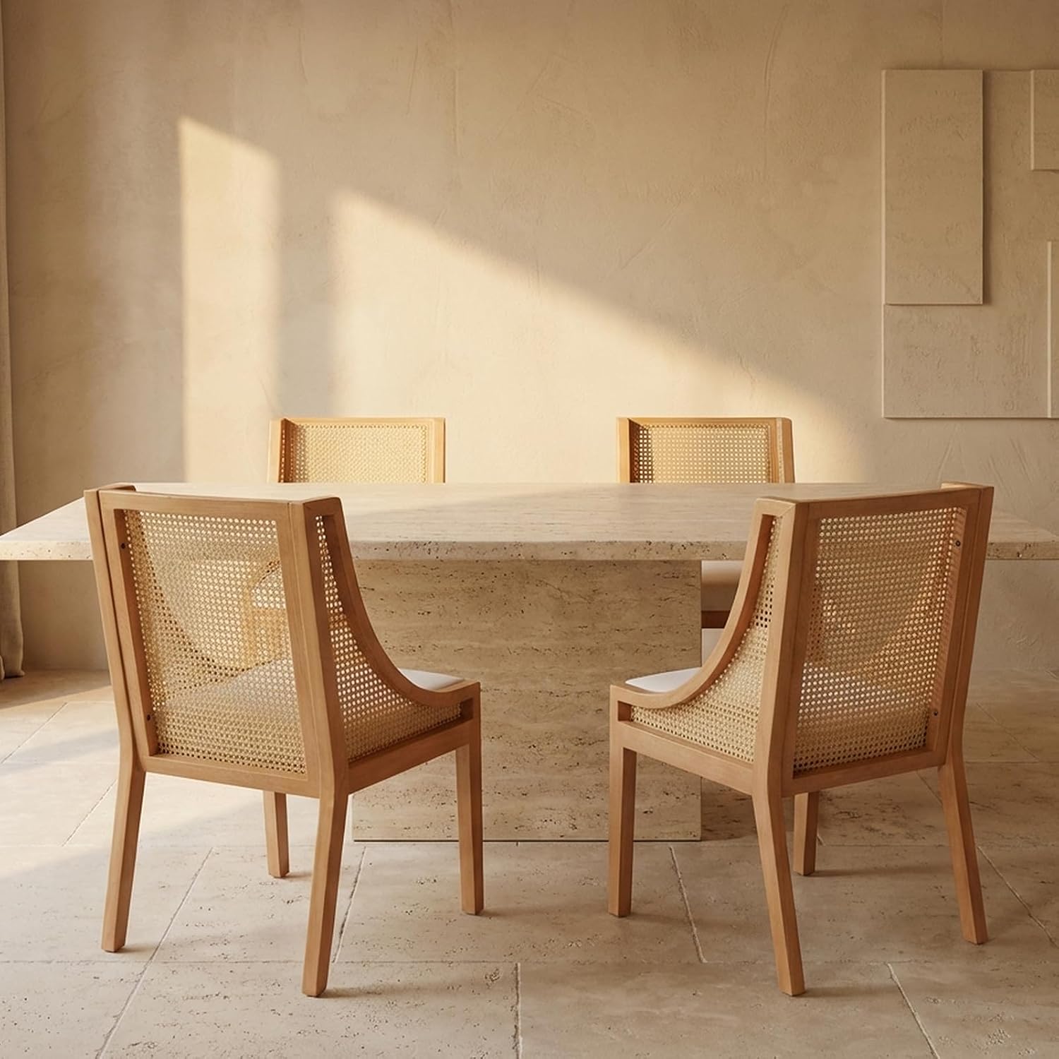 Cream Cane Mid-Century Dining Chairs Set of 4