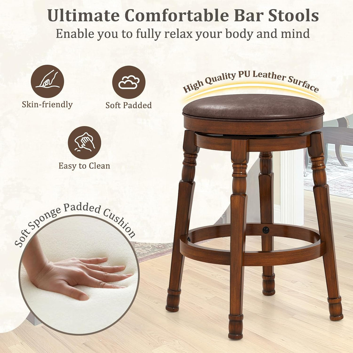 Farmhouse Wooden Swivel Counter Stools Set of 2